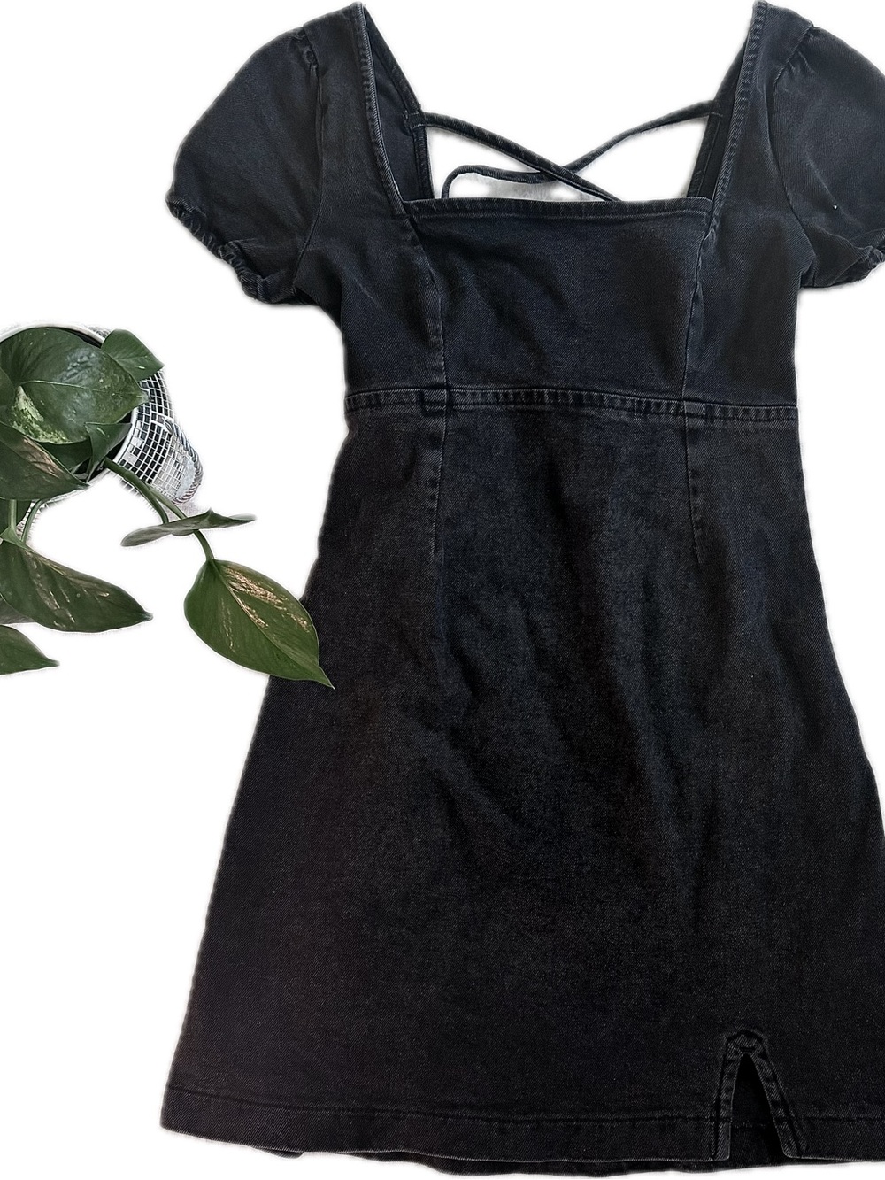 Black Square Neck Mini Dress with Back Straps